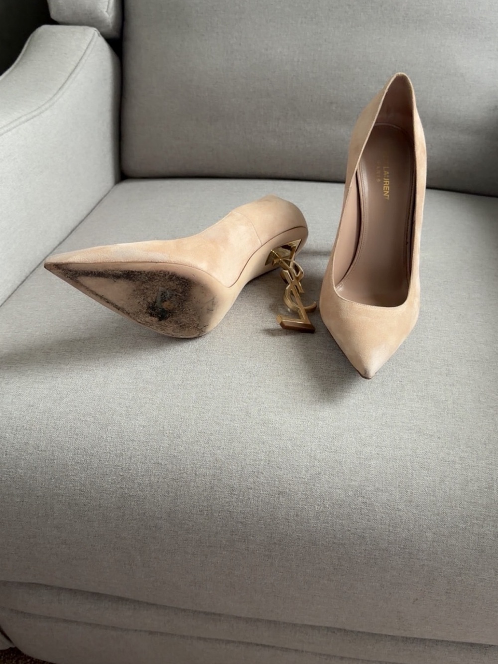 Saint Laurent Nude Suede Opyum Pumps with Gold YSL Heels - Picture 5 of 5